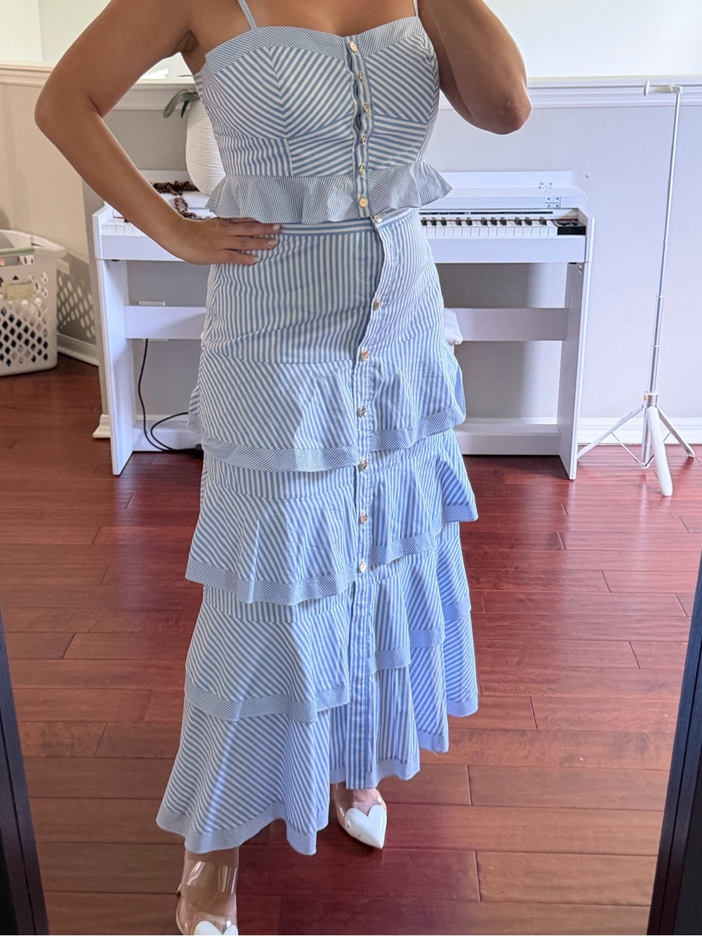 Sandro Light Blue and White Striped Ruffle Tiered Maxi Skirt set - Picture 3 of 3